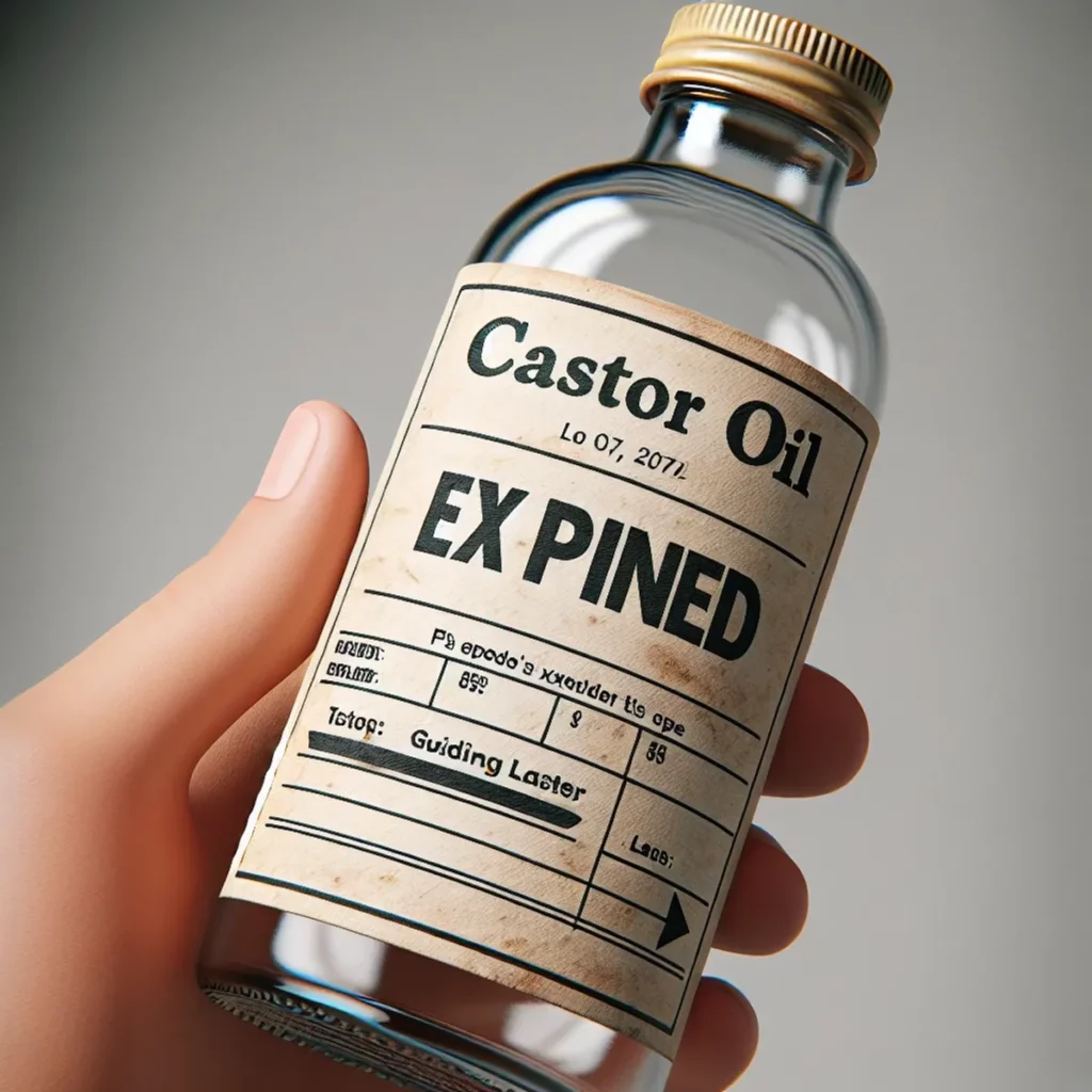A close-up view of a bottle of Castor Oil. The bottle is transparent glass with a simple paper label providing details about the oil. The word 'EXPIRED' is boldly printed across the label, denoting that the oil inside is no longer safe for use. The bottle cap is securely closed, and there's a sense of caution that surrounds it. Guiding arrows tactfully hint that the cap needs to be twisted to be opened, but its expiration status discourages that action.